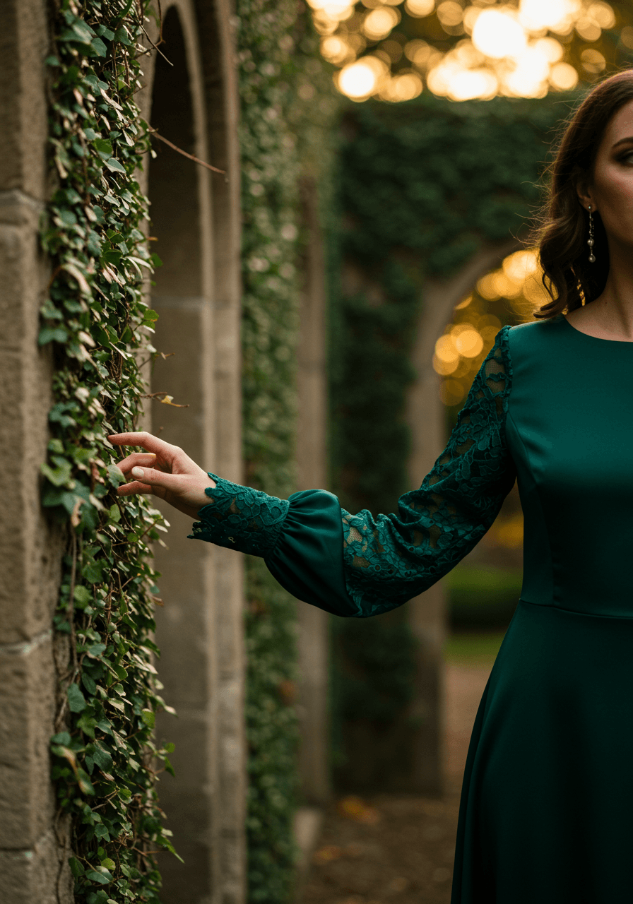 Woman in emerald green silk dress with lace sleeves beside stone archways and trailing greenery