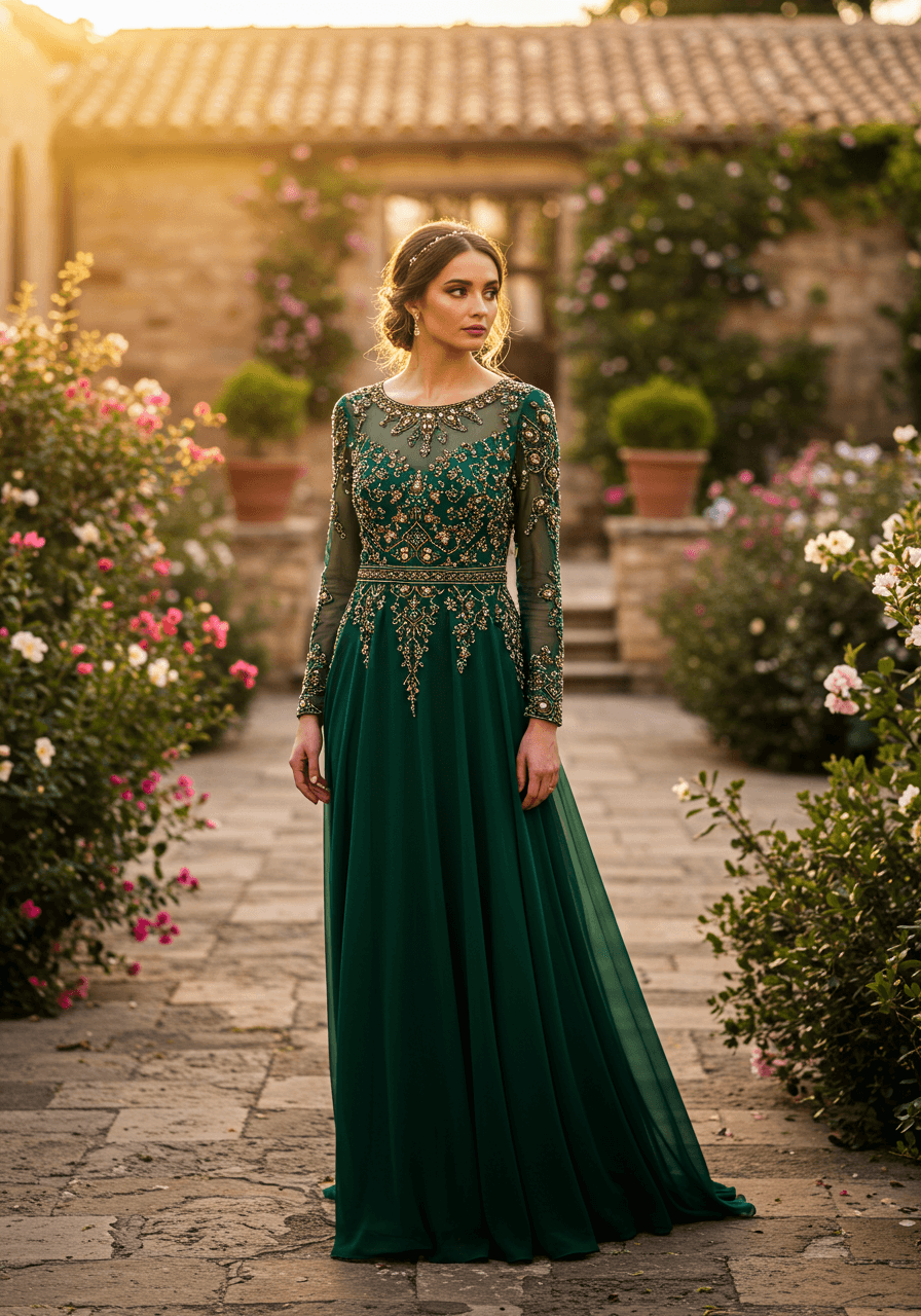 Elegant emerald green long sleeve wedding guest dress with intricate beaded embellishments across bodice in garden