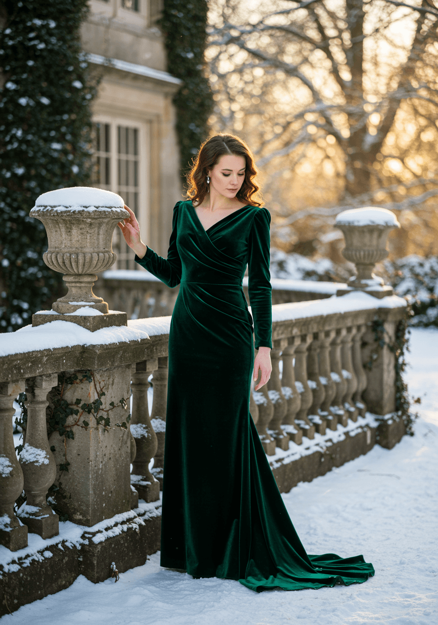 Floor-length emerald velvet dress with elegant draping beside estate balustrade with winter landscape