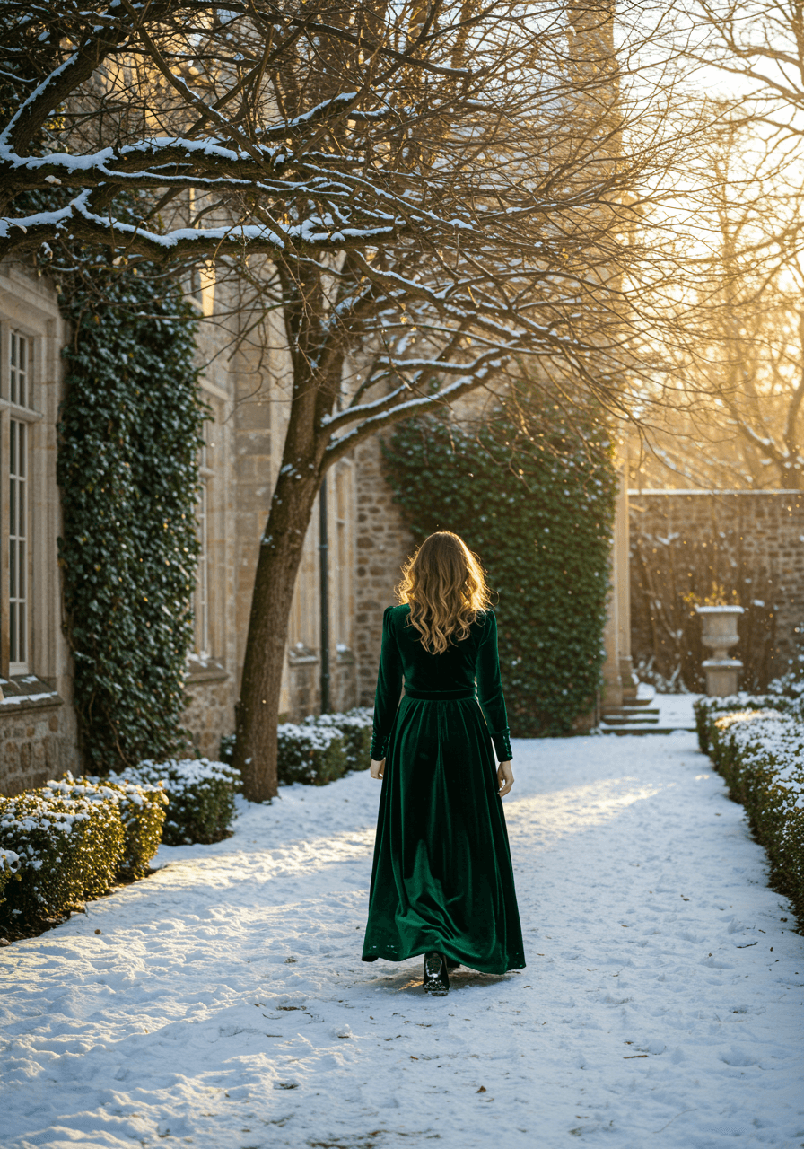 Luxurious emerald green velvet long sleeve gown in snow-dusted garden courtyard during golden hour
