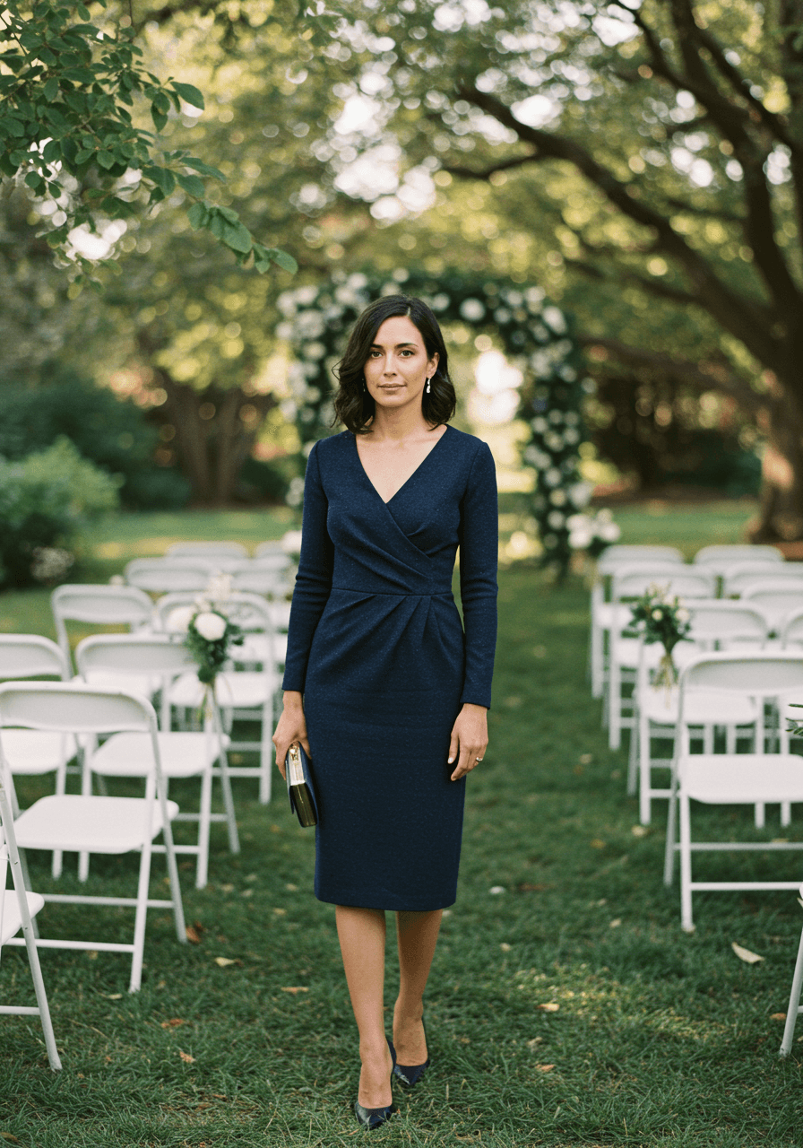 Sophisticated navy blue long sleeve midi dress with modest V-neckline at outdoor garden wedding ceremony