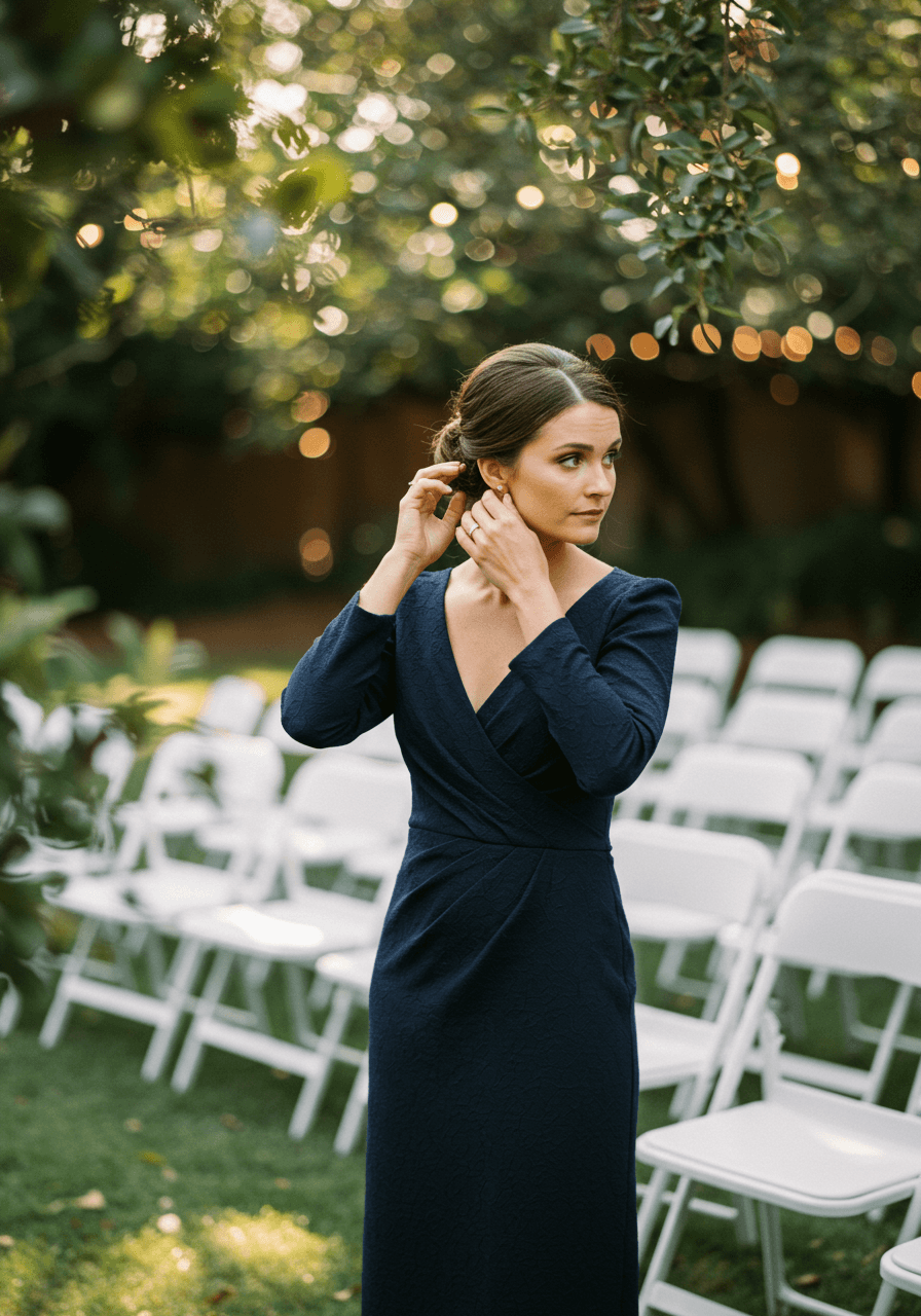 Navy midi dress with elegant fitted silhouette and V-neck detail during golden hour ceremony
