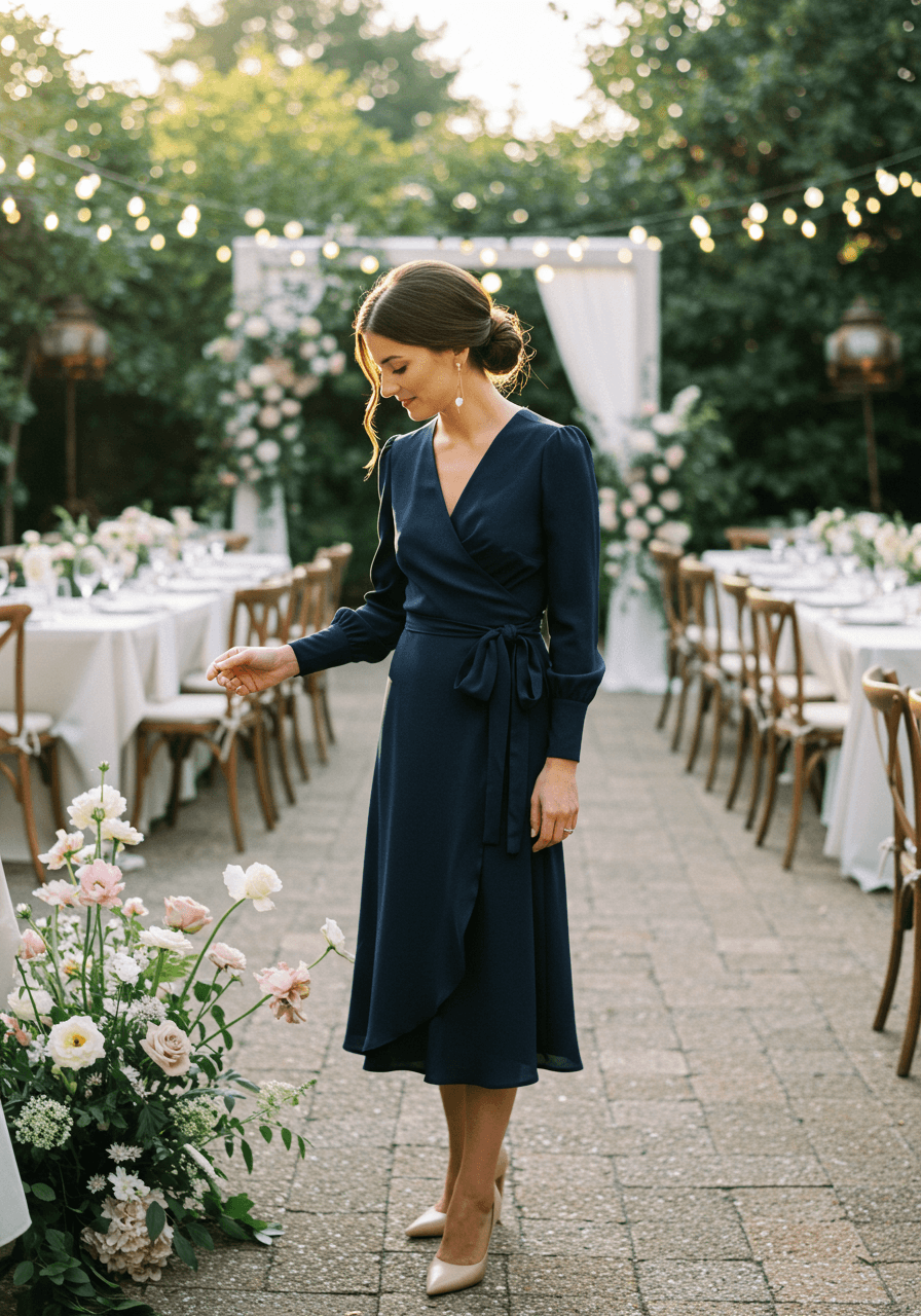 Navy wrap midi dress with flowing movement at outdoor garden reception during golden hour