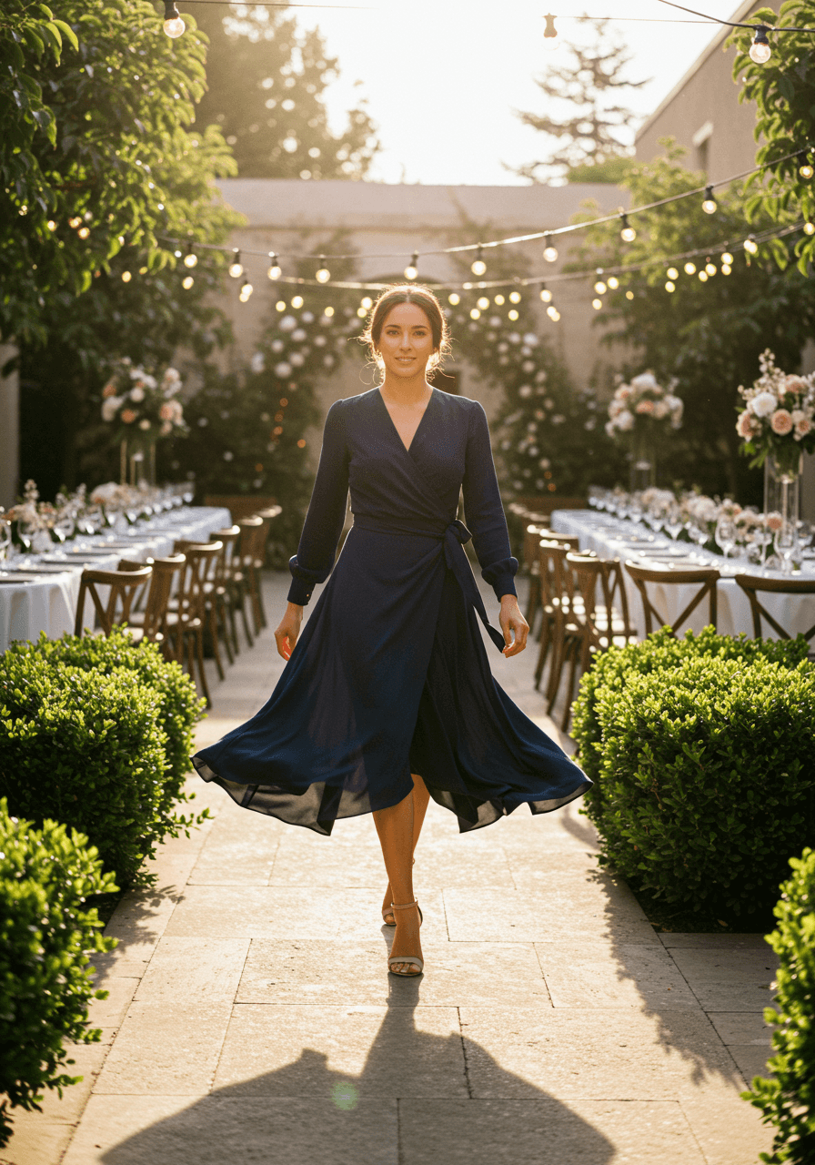 Modern navy blue long sleeve wrap dress in garden wedding reception with string lights during golden hour