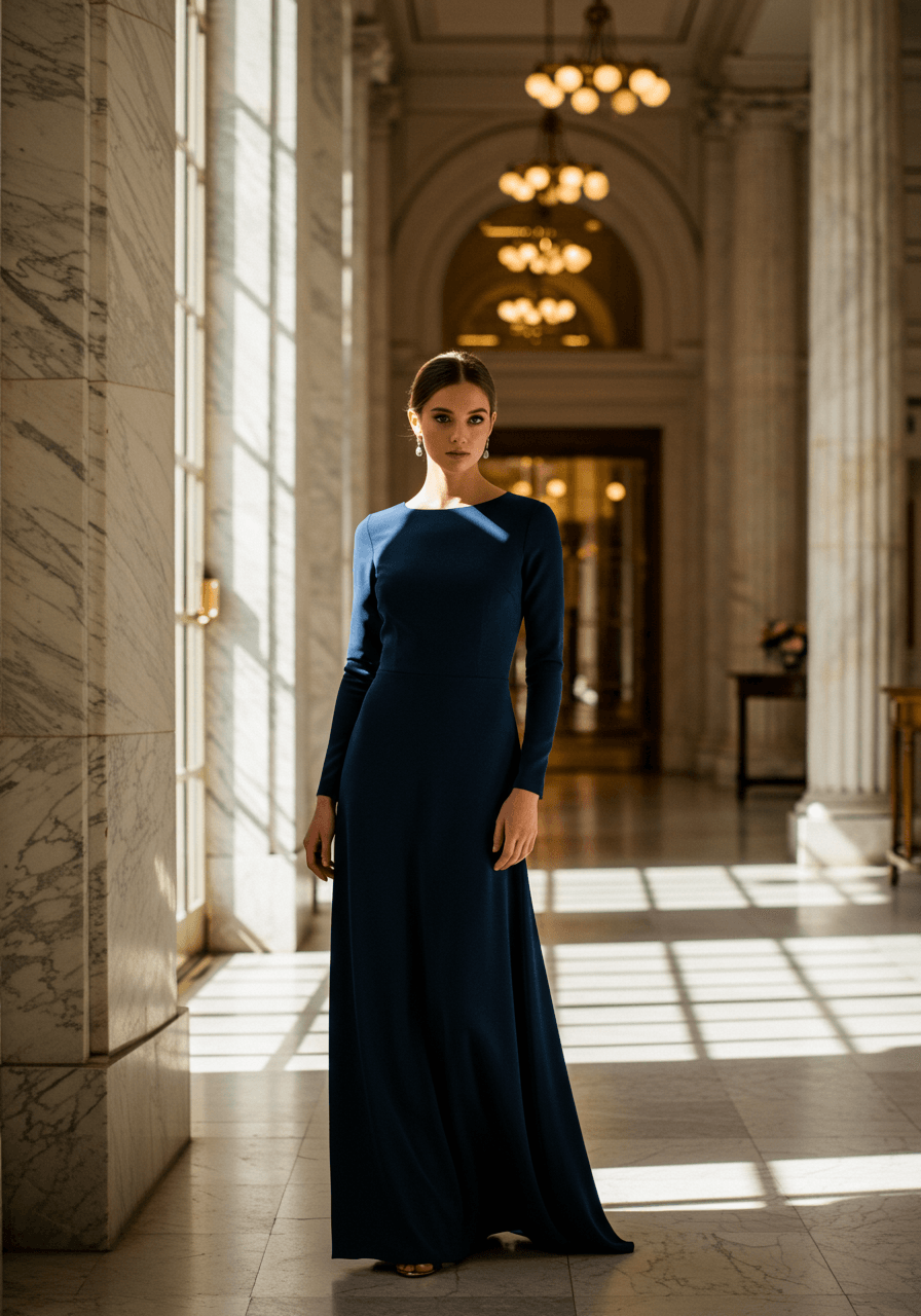 Sleek navy blue long sleeve crepe wedding guest dress with clean lines in hotel lobby with marble columns