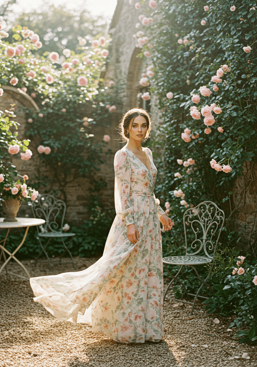 Elegant long sleeve wedding guest dress with romantic floral print in soft blush and sage tones in garden courtyard