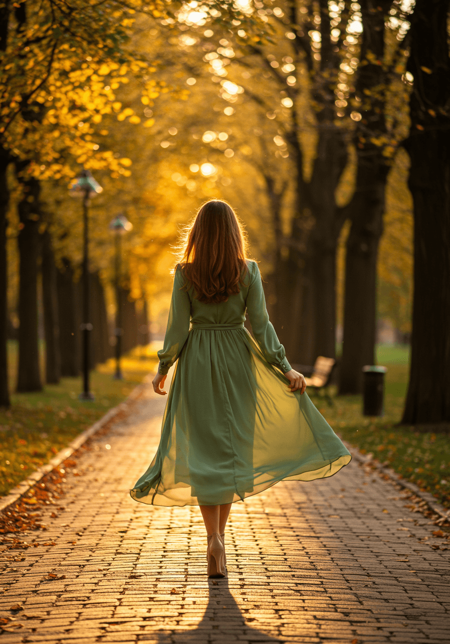 Sage green chiffon long sleeve midi dress with flowing A-line silhouette on tree-lined pathway during golden hour