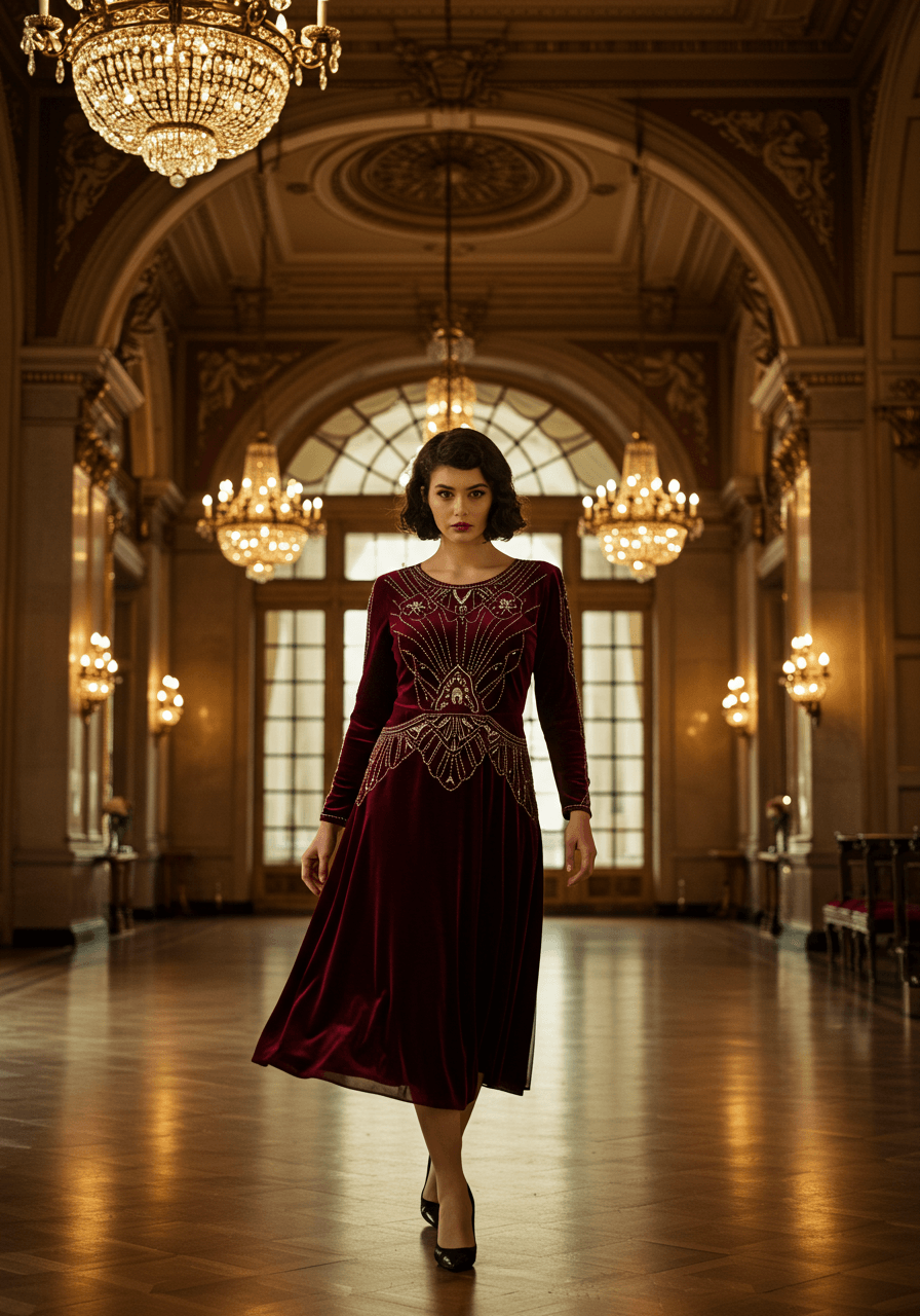 Vintage-inspired burgundy velvet long sleeve dress with art deco beadwork in 1920s ballroom with chandeliers
