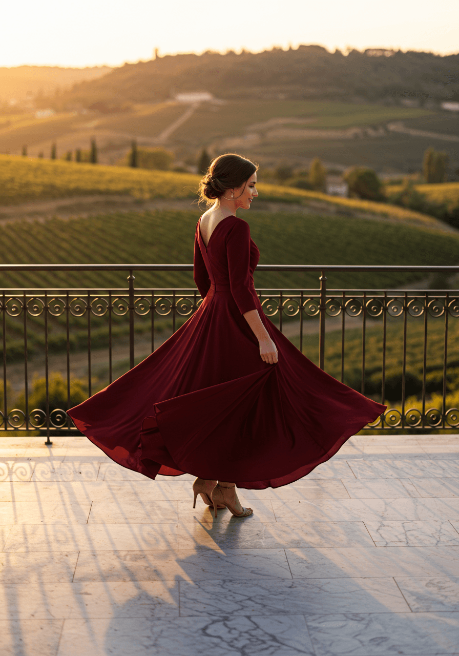 Sophisticated burgundy A-line long sleeve wedding guest dress twirling on marble terrace overlooking vineyard hills