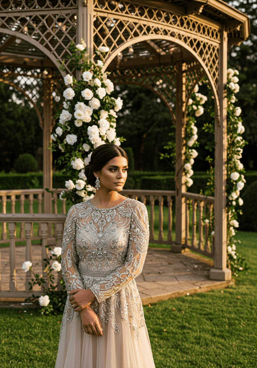 Long sleeve dress with intricate silver sequin embellishments and delicate beadwork beside garden gazebo during golden hour
