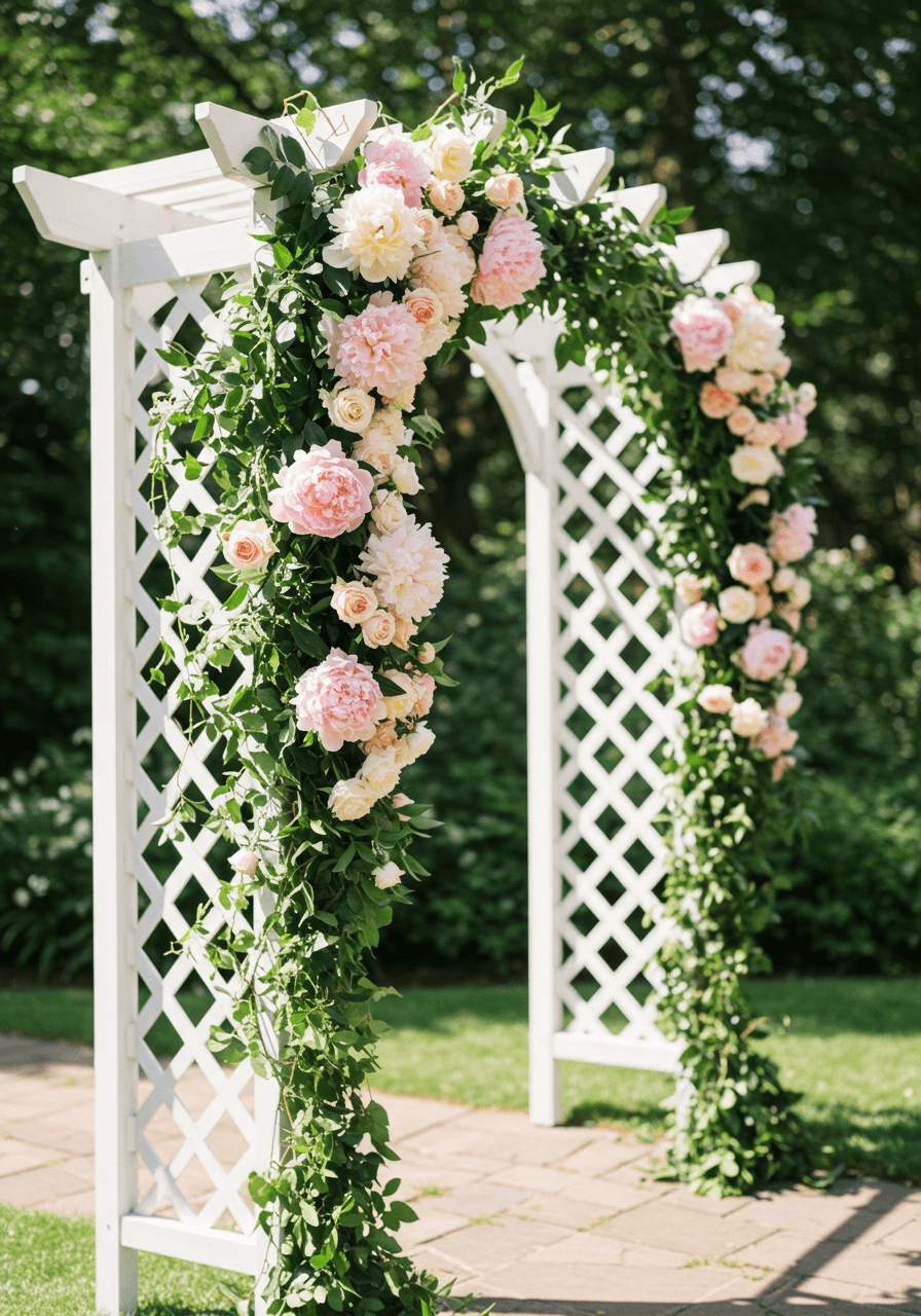 White wooden garden trellis archway decorated with blush pink peonies and ivy in sunlit courtyard
