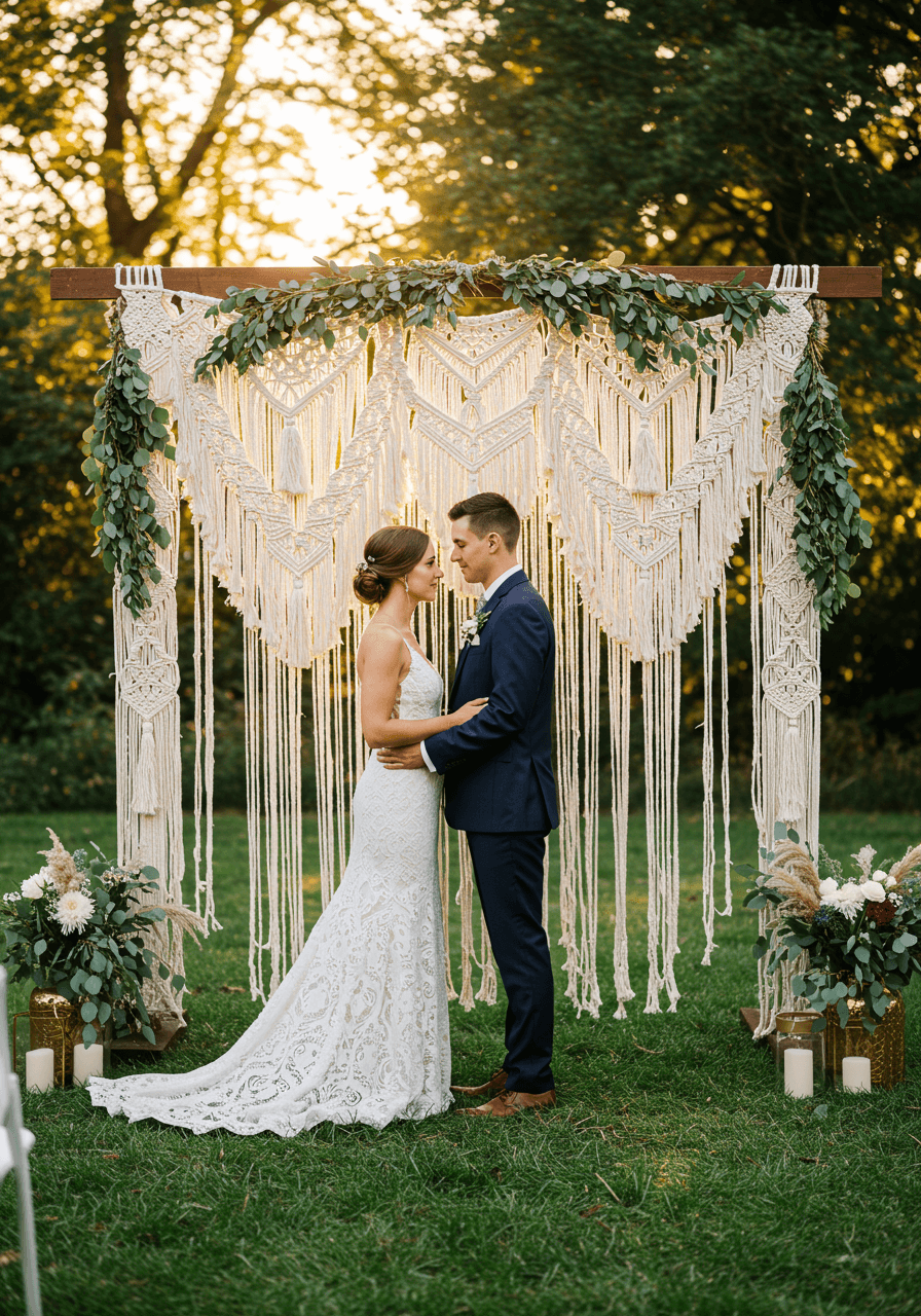 Couple before elaborate bohemian macramé backdrop with geometric patterns backlit by golden hour sun
