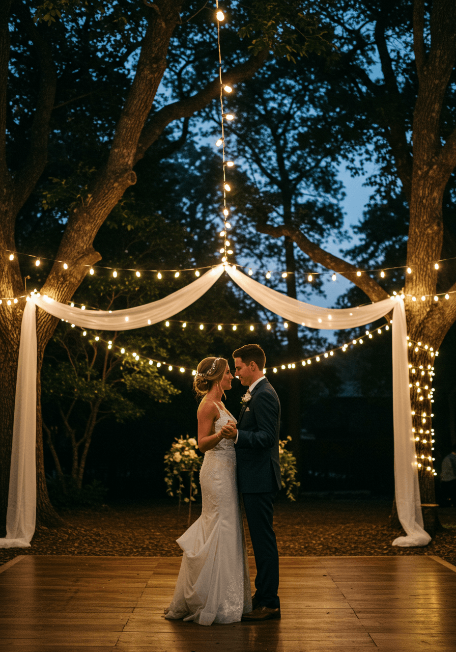 Couple's first dance beneath warm string lights suspended between oak trees at twilight garden reception
