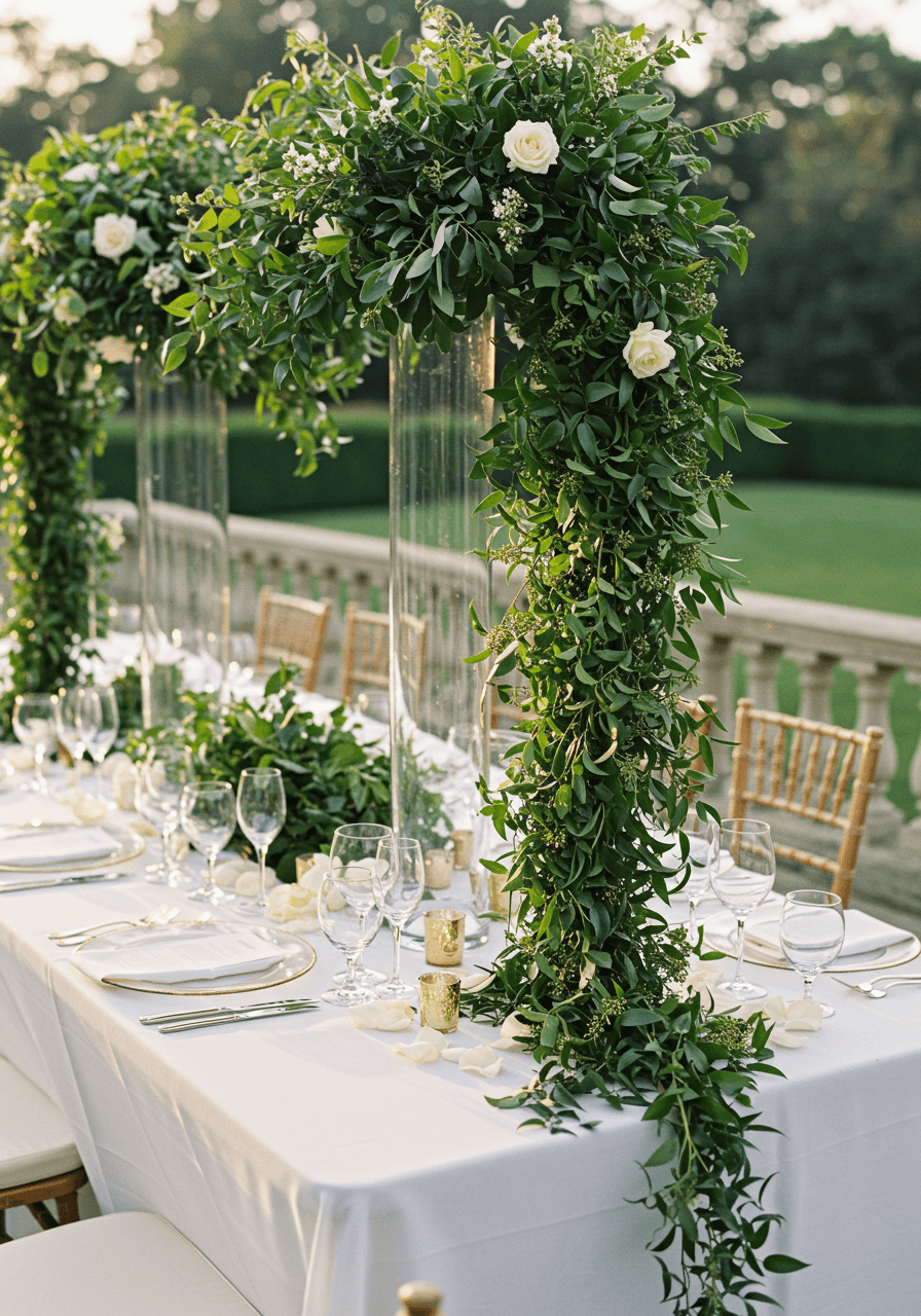 Reception table with cascading greenery spilling from tall glass vases over white linens on stone patio