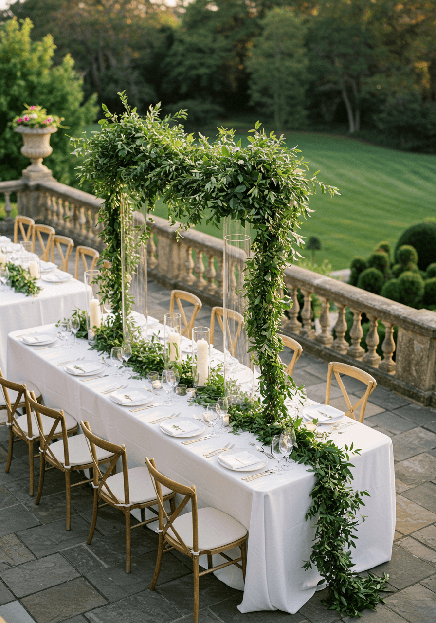 Overhead view of table setting with dramatic cascading greenery and gold-rimmed place settings
