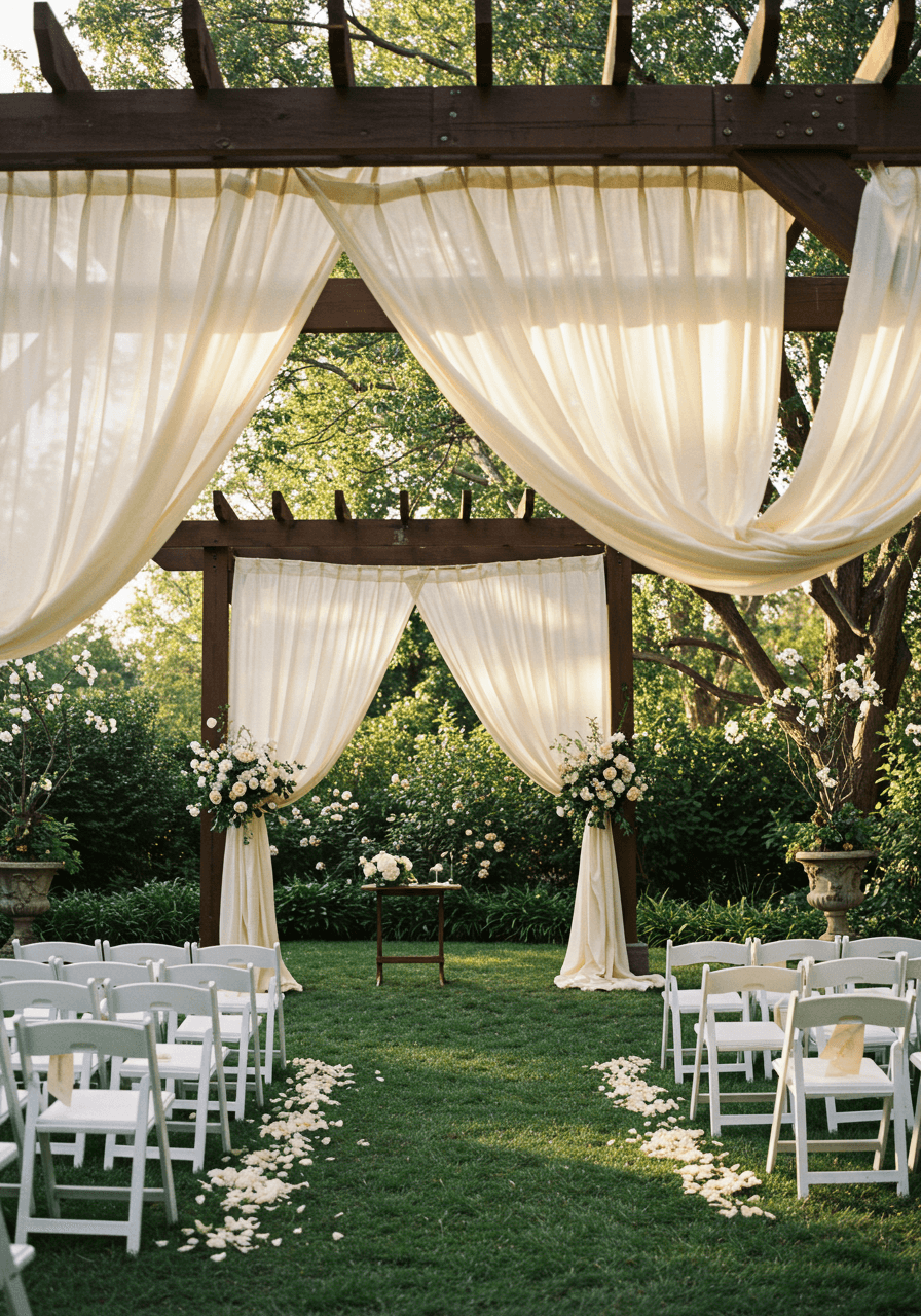 Ivory silk draping cascading from wooden pergola over outdoor ceremony altar with white chairs in lush garden