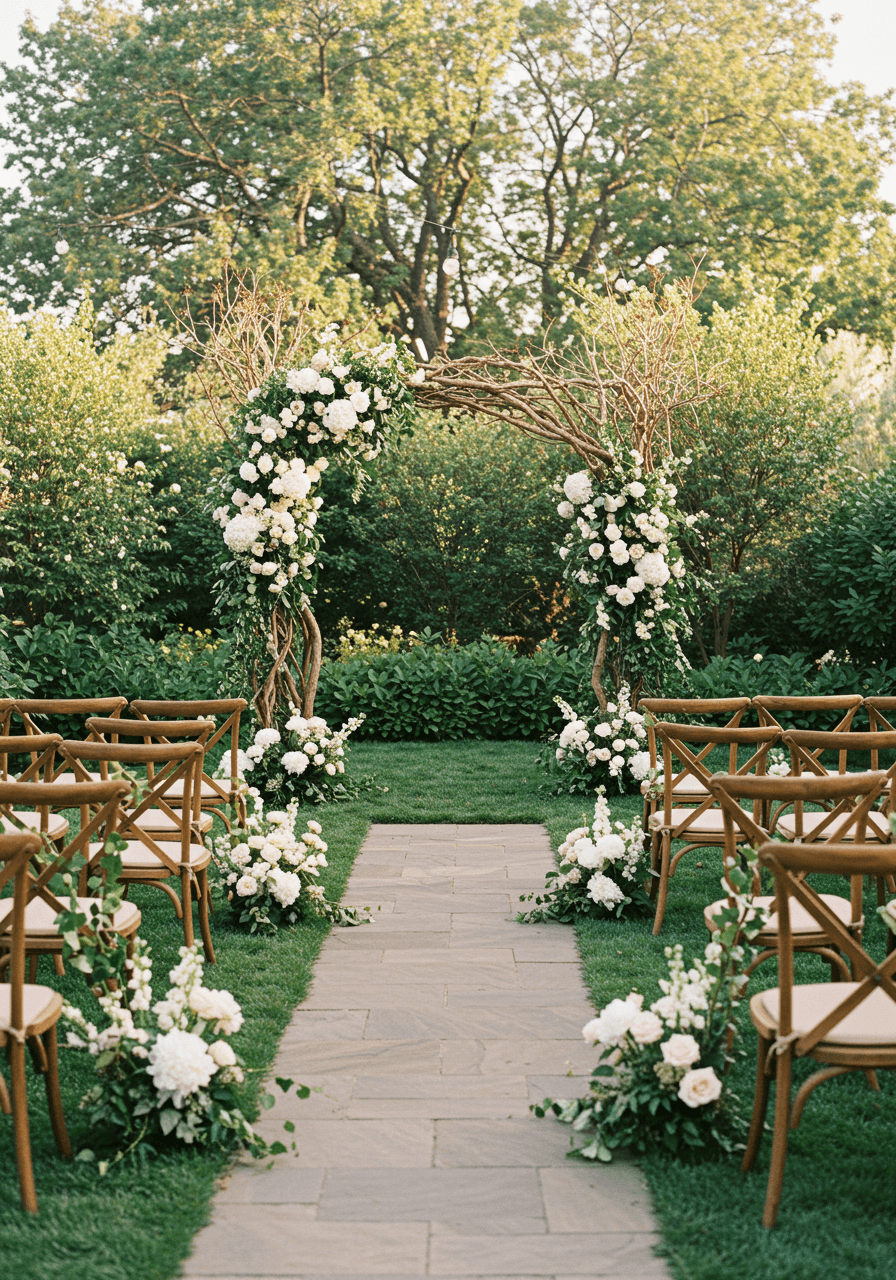 Garden ceremony with rustic wooden chairs facing twisted tree branch altar decorated with white peonies