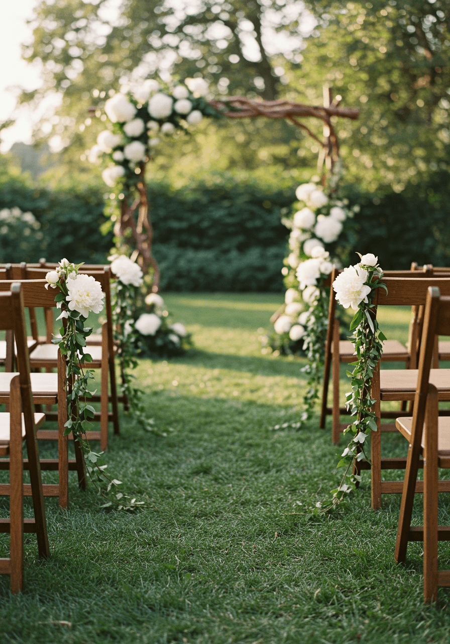Sculptural tree branch altar adorned with white peonies and trailing ivy in sunlit garden setting
