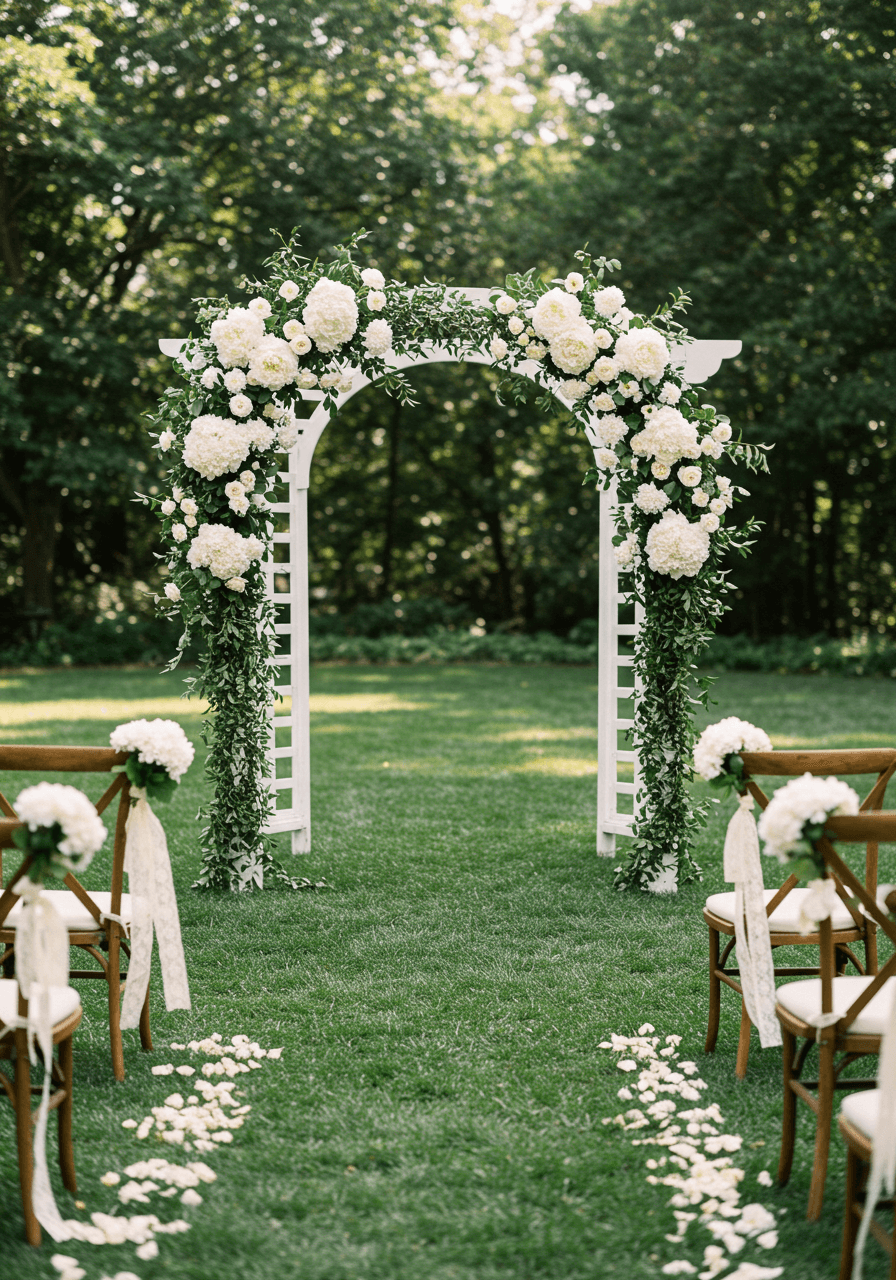 White lattice ceremony arch with cream peonies and garden roses on manicured lawn with vintage chairs