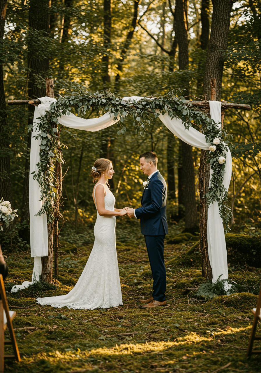 Couple exchanging vows beneath natural tree branch archway with white fabric and greenery in forest clearing