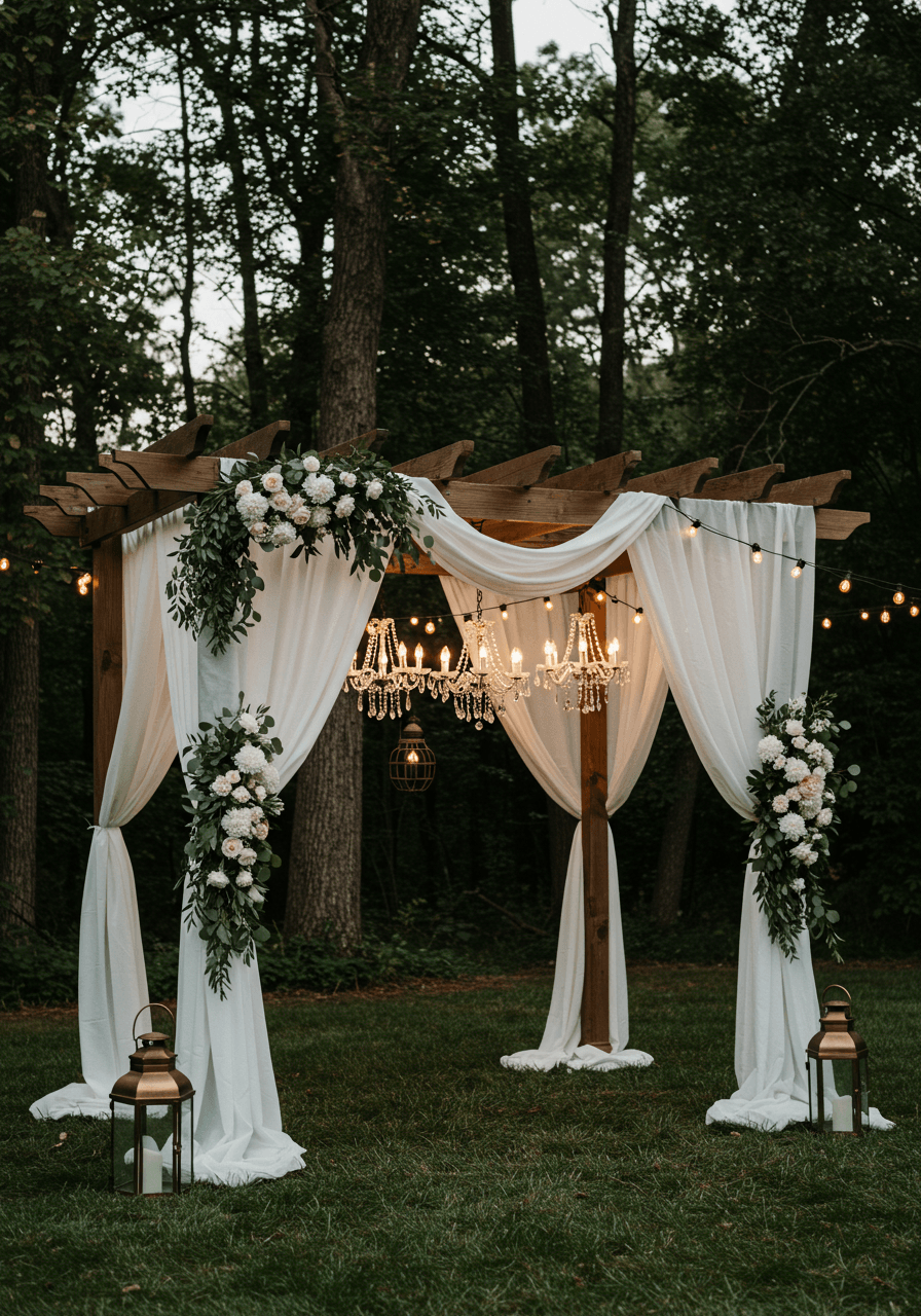 Rustic wooden pergola draped with white chiffon and hanging crystal chandeliers in garden twilight