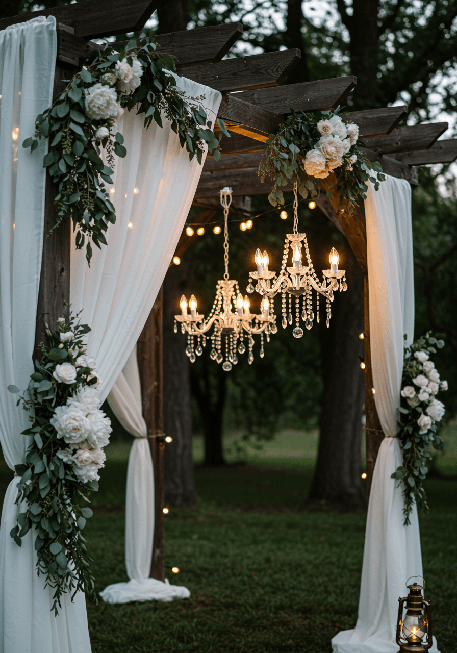 Vintage crystal chandelier suspended from pergola with white fabric and fairy lights at dusk