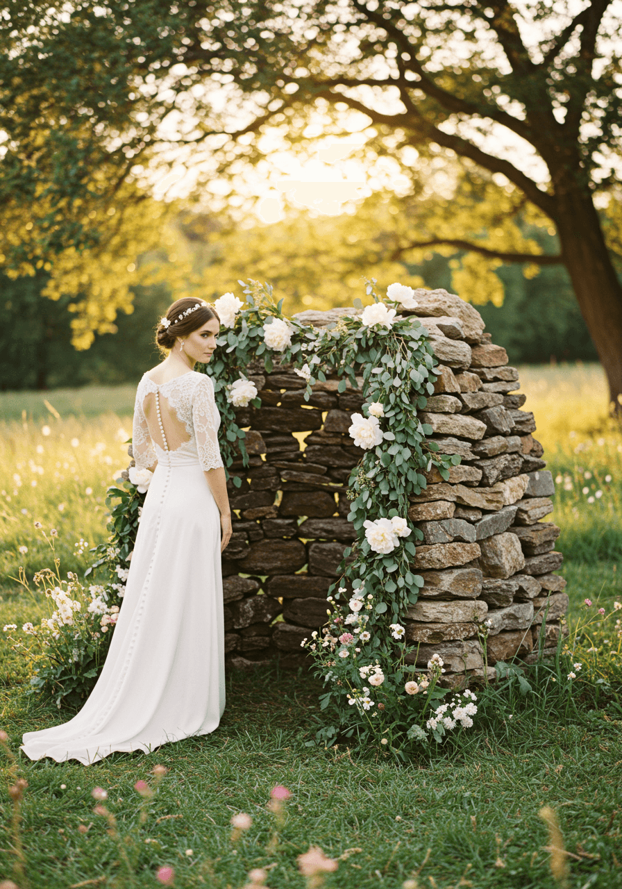 Bride in ivory silk gown beside rustic river stone altar with white peonies in wildflower meadow