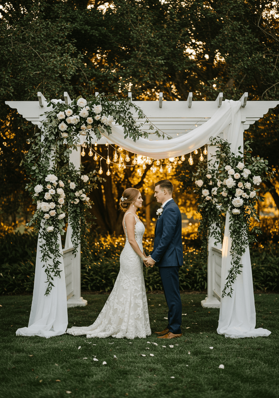 White wooden pergola adorned with ivory roses, emerald ivy and fairy lights during golden hour