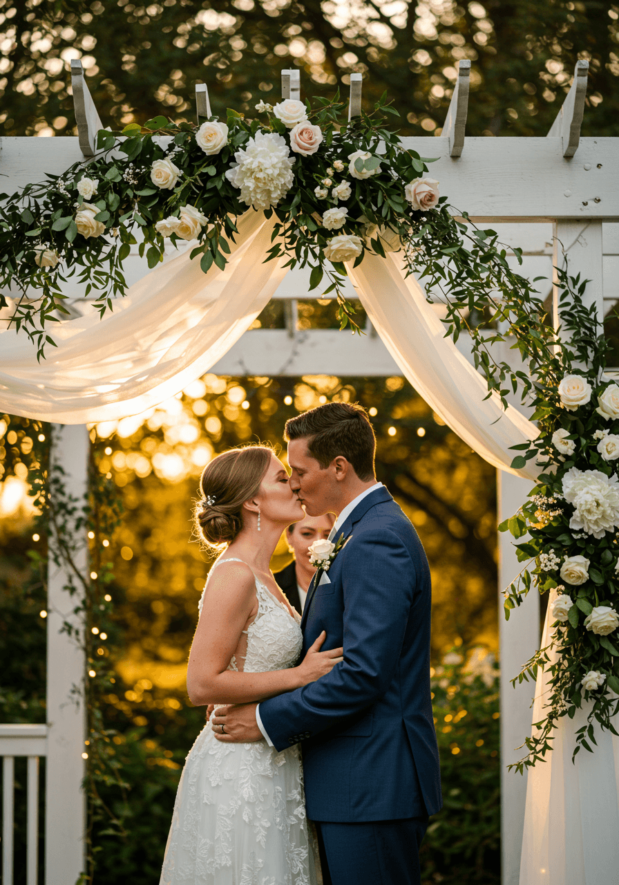 Couple's first kiss beneath white pergola decorated with cascading roses and fairy lights