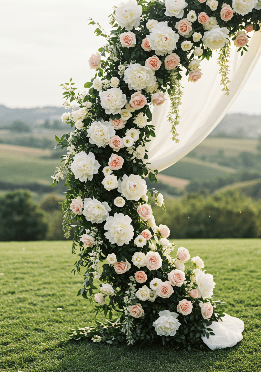 White peony and garden rose ceremony arch with fabric draping overlooking rolling hills in morning light