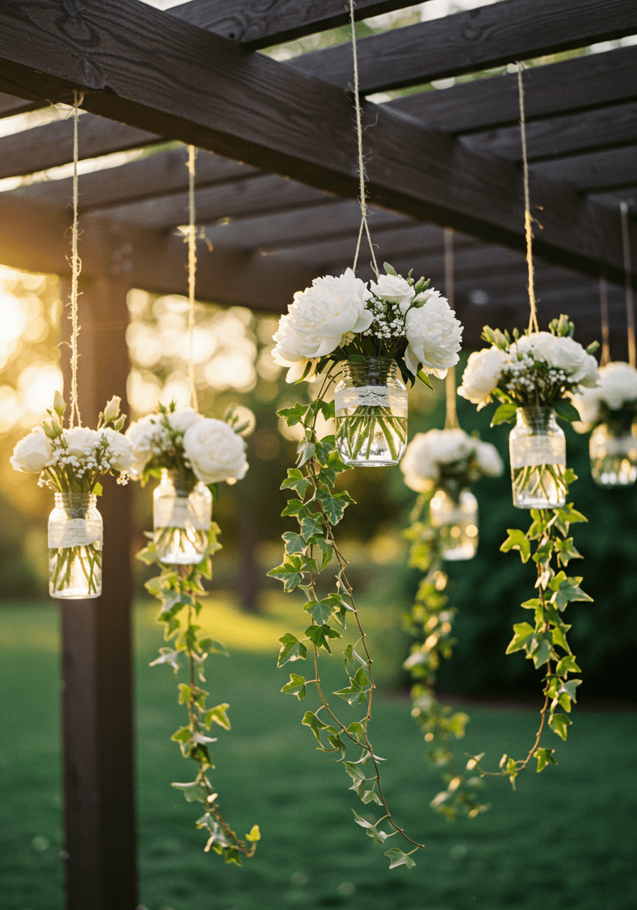Golden hour light illuminating cascading white peonies and greenery hanging from wooden pergola