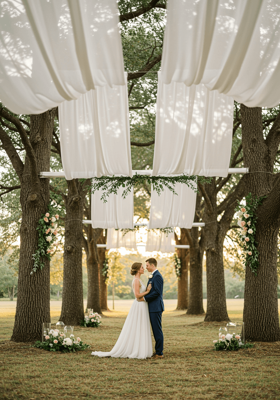 White chiffon fabric draped between oak trees creating ceremony canopy with couple at golden hour