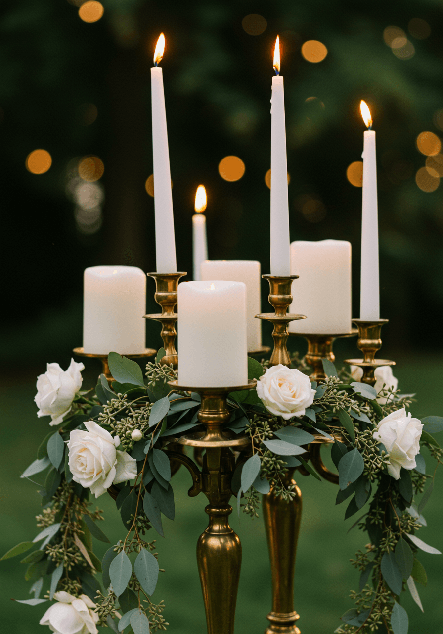 Low angle view of vintage brass candelabras with white candles and eucalyptus garlands