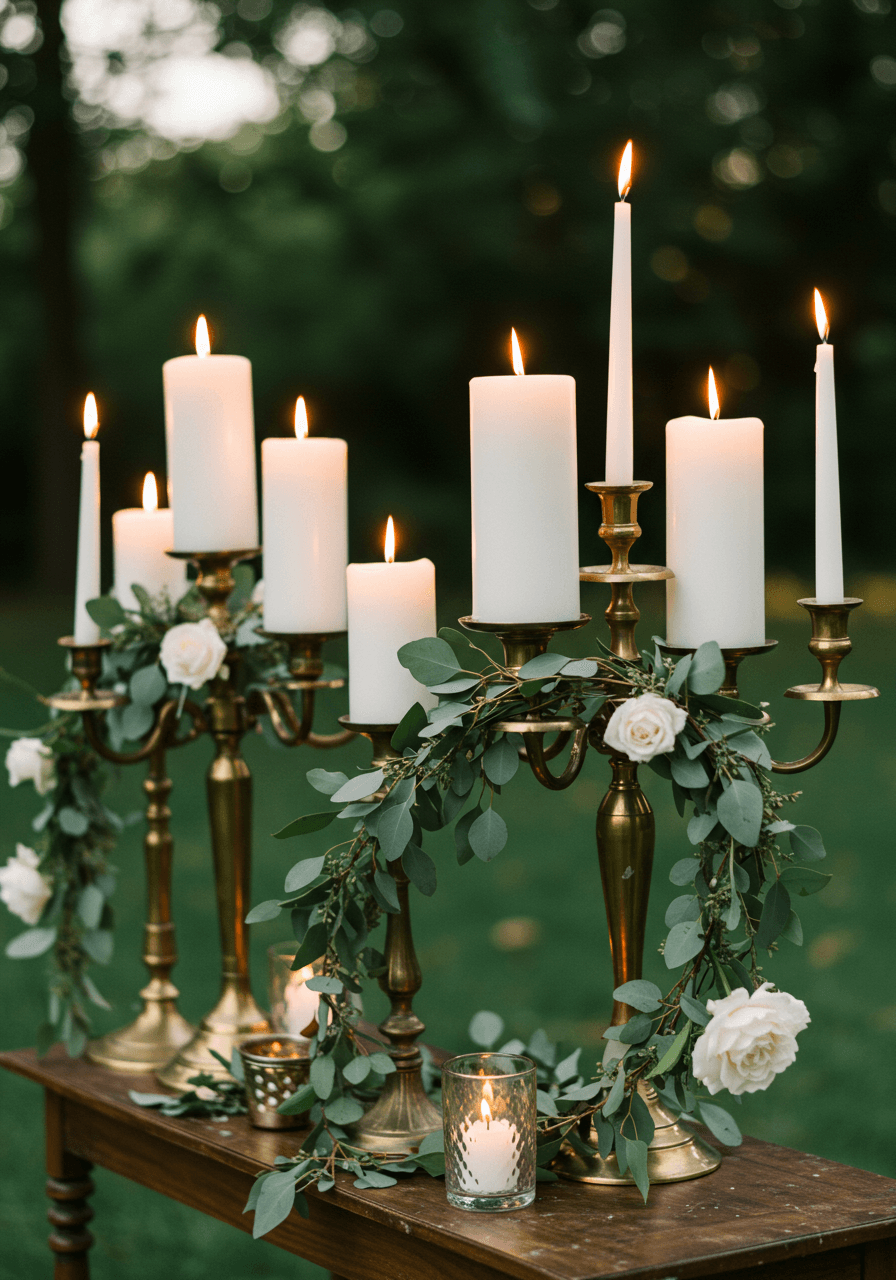 Tall white pillar candles on ornate brass candelabras with roses in garden golden hour light