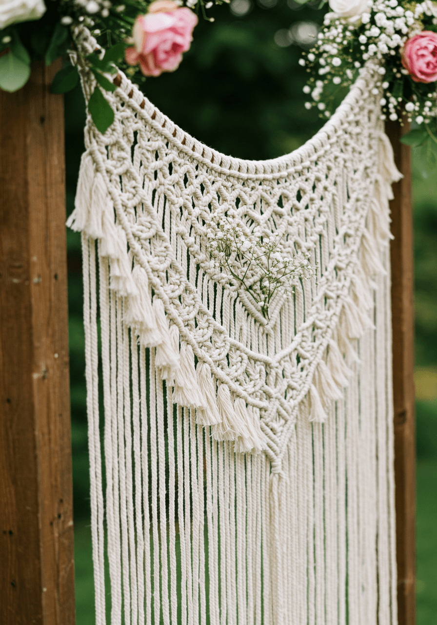 Detailed macramé backdrop featuring elaborate knotwork with baby's breath flowers on weathered wood posts