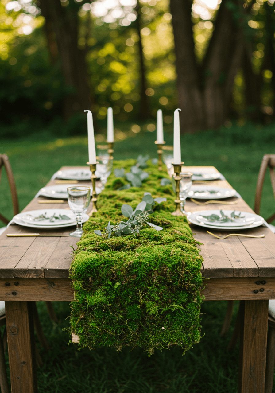Rustic farm table with vibrant green moss runner and vintage brass candlesticks in golden hour garden