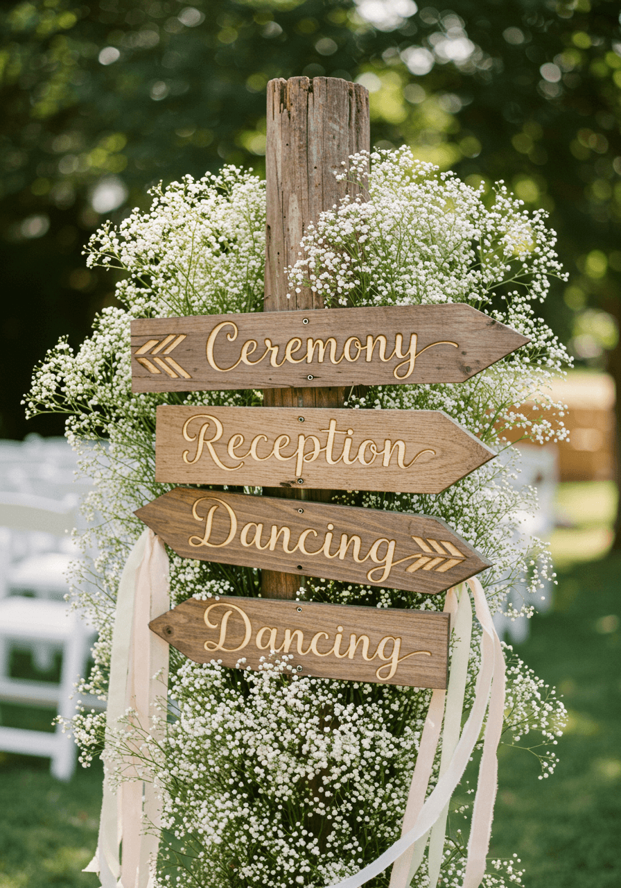 Reclaimed wood directional arrows nestled in wildflower meadow with flowing script lettering