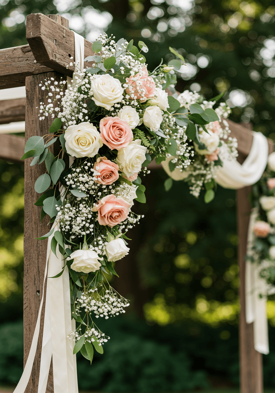 Suspended pink and white blooms hanging at varying heights in afternoon garden light