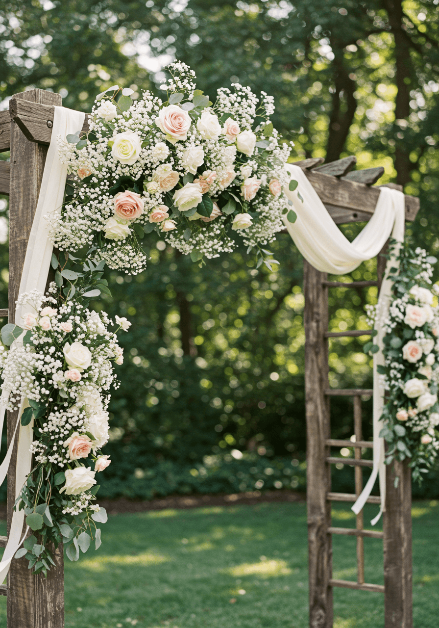 White and blush flowers suspended from wooden arches with ivory ribbons in garden ceremony space