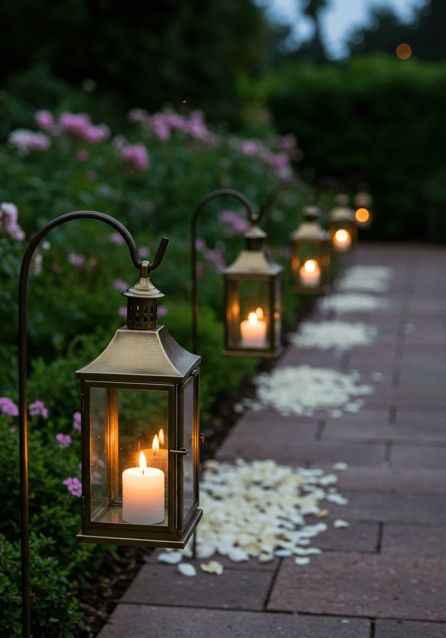 Ornate vintage copper lanterns with intricate metalwork illuminating garden ceremony pathway