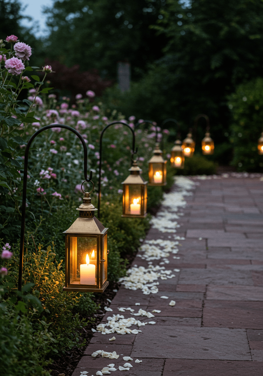 Garden ceremony aisle lined with glowing vintage brass lanterns on shepherd's hooks at twilight