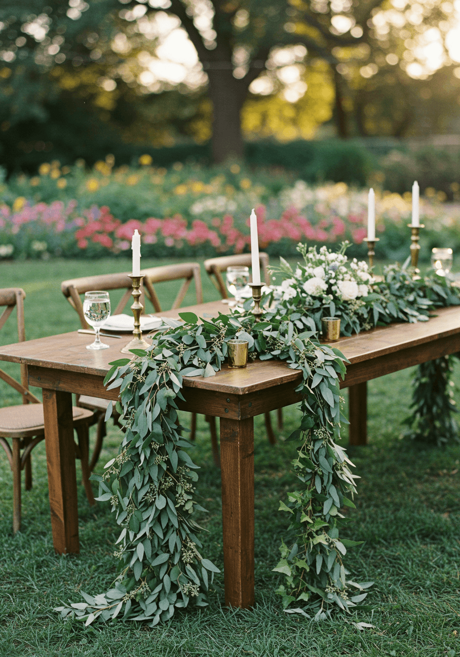 Rustic farm table with cascading eucalyptus and ivy garland runner in golden hour garden setting