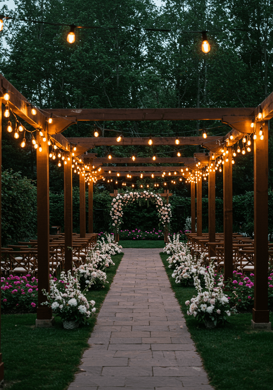 Stone pathway lined with Edison bulb string lights leading to floral ceremony altar at dusk