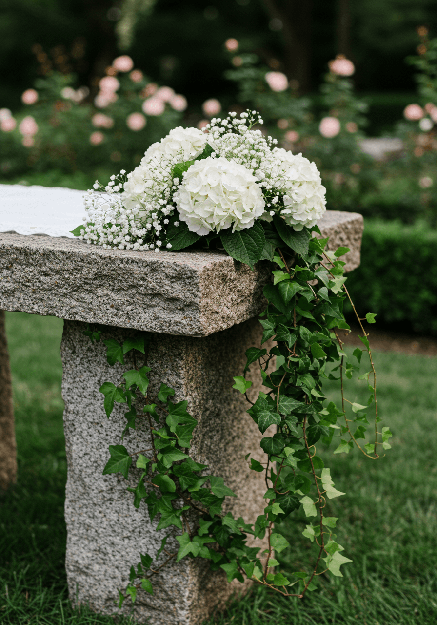 Rustic granite stone altar adorned with white hydrangeas and trailing ivy in garden setting