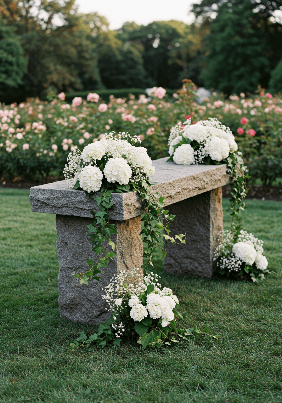 Weathered stone altar with baby's breath and pink roses in manicured garden beds