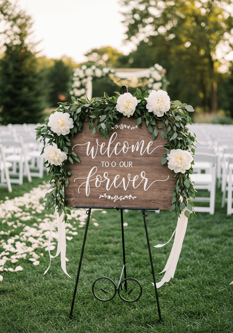 Hand-lettered barn wood welcome sign surrounded by white peonies and eucalyptus at garden entrance