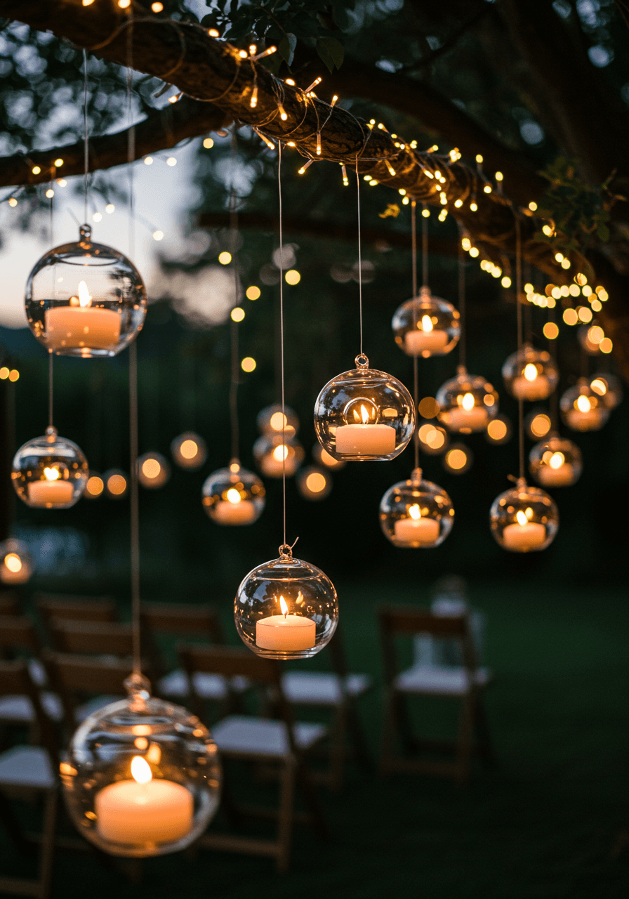 Floating candles in glass hurricane lanterns suspended from tree branches at twilight ceremony