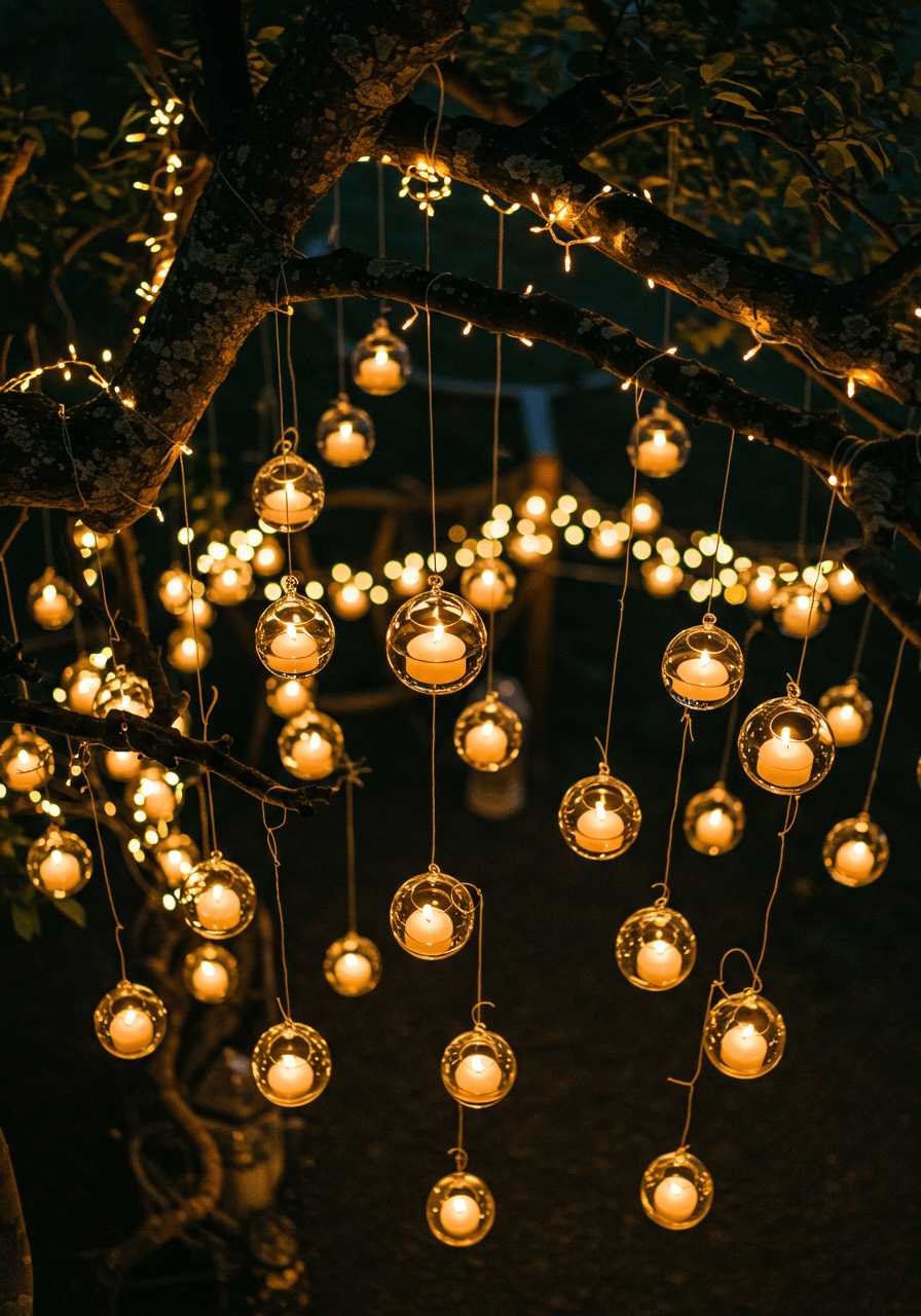 Overhead view of hanging candle lanterns creating glowing orbs among trees at dusk