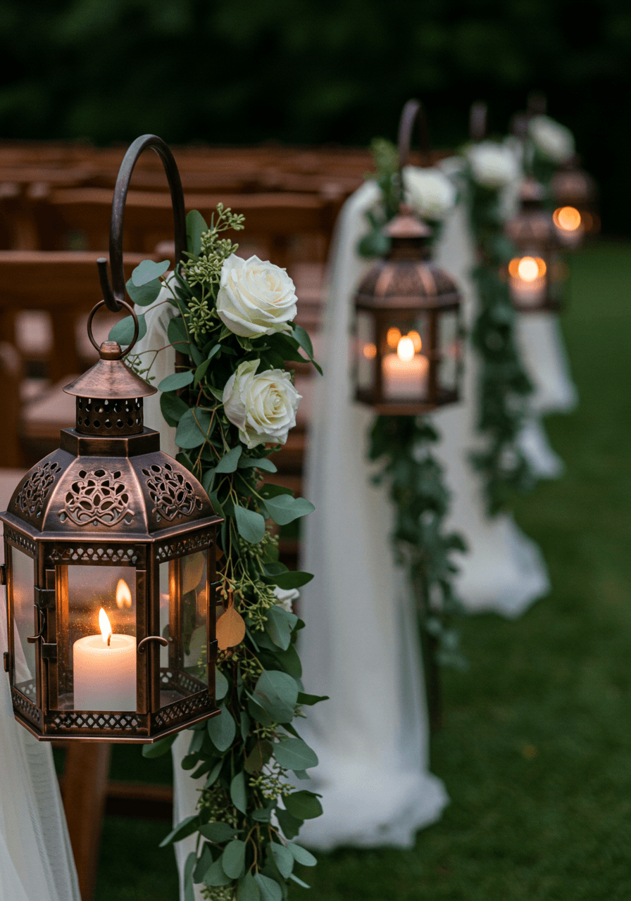 Patinated copper lanterns with intricate metalwork adorned with white roses, eucalyptus and tulle draping