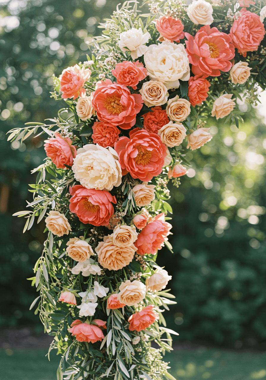 Asymmetrical garden wedding arch with cascading coral peonies, cream roses, olive branches and trailing jasmine
